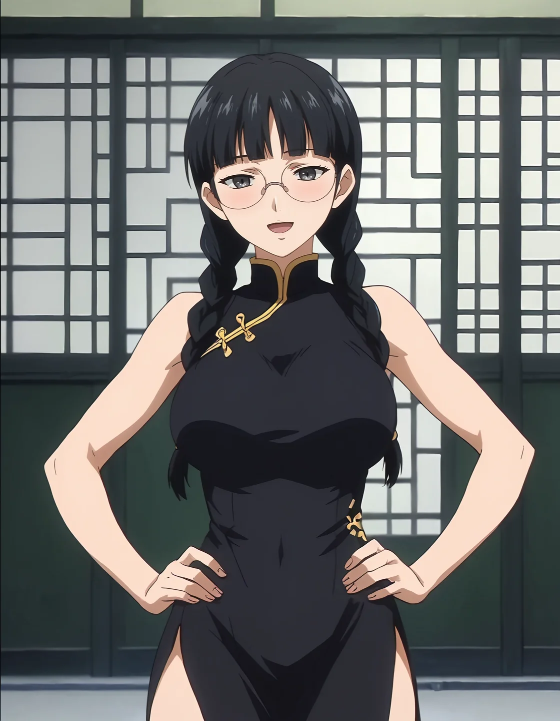 score_9, score_8_up, score_7_up, score_6_up, score_5_up, score_4_up, <lora:NaoK_T1V0:0.85>, <lora:sdxl_lightning_8step_lora:1>,
source_anime, anime screencap, 1girl, solo,
NaoK_T1V0, black hair, low twin braids, blunt bangs, black eyes, grey eyes, large breasts,
glasses, rimless eyewear,
chinese clothes, black dress, sleeveless dress, turtleneck, long dress, side slit, 
standing, hands on own hips, 
looking at viewer, light smile, open mouth, blush, 
indoors, cowboy shot,