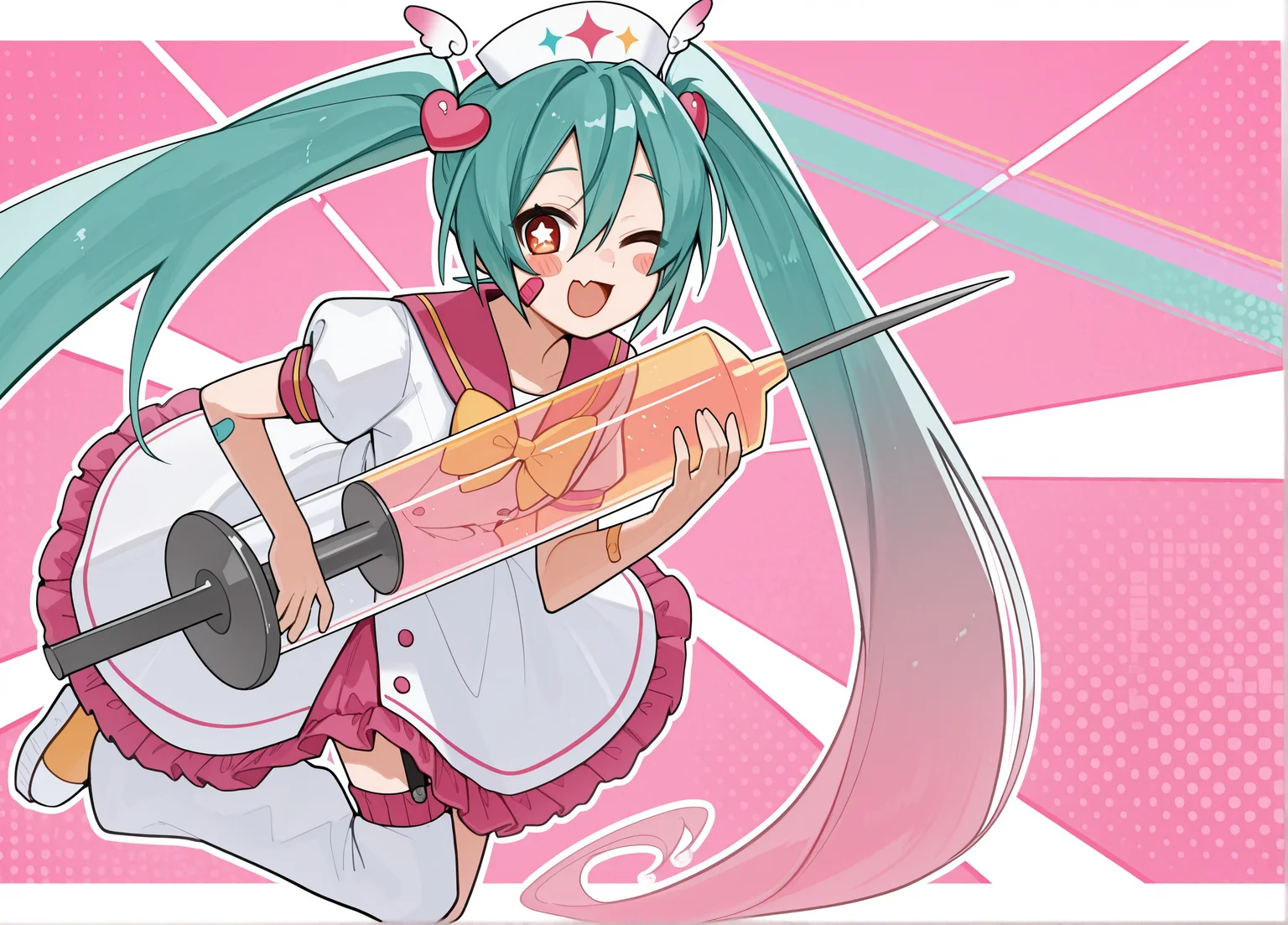 hmmcls,
1girl, solo, hatsune miku, nurse cap, very long hair, wing hair ornament, heart hair ornament, hair between eyes, twintails, gradient hair, aqua hair, pink hair,
red eyes, orange eyes, star-shaped pupils, skin fang, bandaid on face, blush stickers,
yellow bowtie, puffy short sleeves, bandaid on arm, pink buttons, 
white dress, pink skirt, pink sailor collar, frilled dress,
white leg warmers, single garter strap, yellow footwear,
excited, holding syringe, oversized object, ;d, looking at viewer, kneeling,
pink background, abstract background, white border, 
rating safe, eitmksg,
masterpiece, best quality, amazing quality, <lora:[Illustrious]_Hatsune_Miku_-_Magical_Cure_Love_Shot_v1_(MikuMasterRace):1.0> <lora:eitmksg:1.0>