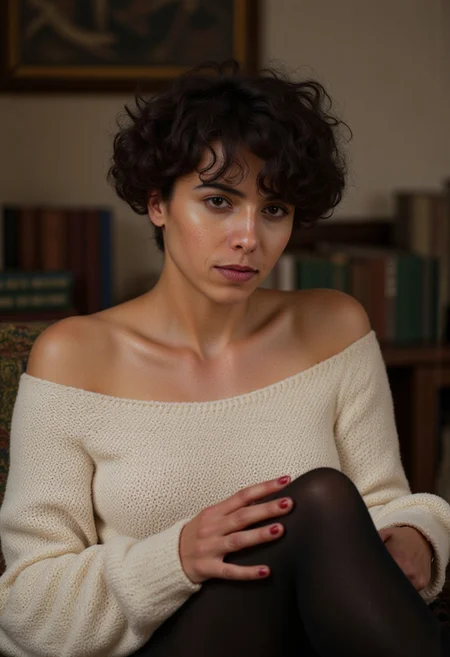award winning photo, instgram influencer photo. real life photo. photography, turkish woman , young, messy short brunette hair, goddess of office, seductive, full length long white knit sweater that goes down to knees, bare shoulders , cleavage, sitting, black nylon thigh highs, latina body, tanned skin, curvy body, blush, seductive image,serene, untouched beauty, clear, lively, detailed face, upper body accent, seductive lips and makeup , green eyes, seductive look, realistic, background of a fantasy office room ,sfw