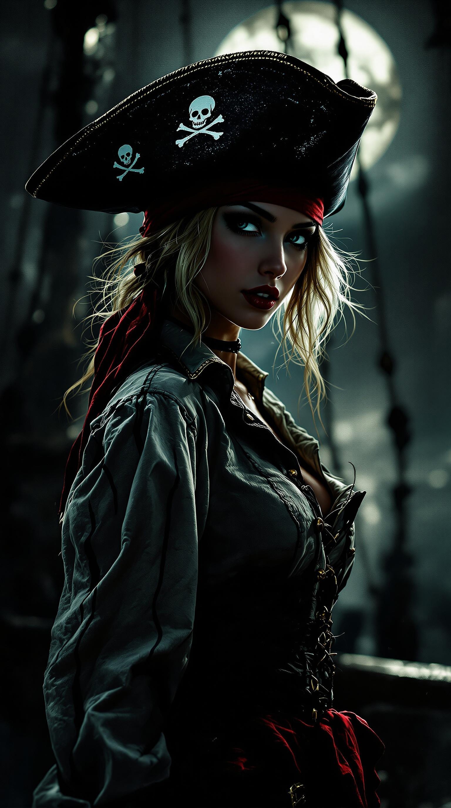 Silhouette Art, magnificent, photorealistic ink art image in the style of a movie poster, crisp lines, a photograph of a stunning oriental young pirate woman, blonde loose hair, red lips, dark eyeshadow, wearing a red bandana under a tricorne pirate hat, dirty cotton front-laced blouson, silhouetted in moonlight, standing on the deck of a pirate ship, sultry, alluring, facing viewer, upper body shot from the side, with an abstract dark backdrop, bokeh
