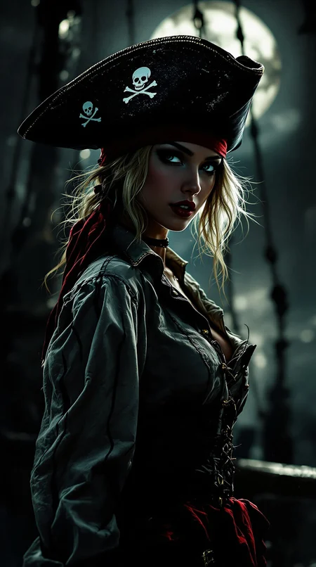 Silhouette Art, magnificent, photorealistic ink art image in the style of a movie poster, crisp lines, a photograph of a stunning oriental young pirate woman, blonde loose hair, red lips, dark eyeshadow, wearing a red bandana under a tricorne pirate hat, dirty cotton front-laced blouson, silhouetted in moonlight, standing on the deck of a pirate ship, sultry, alluring, facing viewer, upper body shot from the side, with an abstract dark backdrop, bokeh