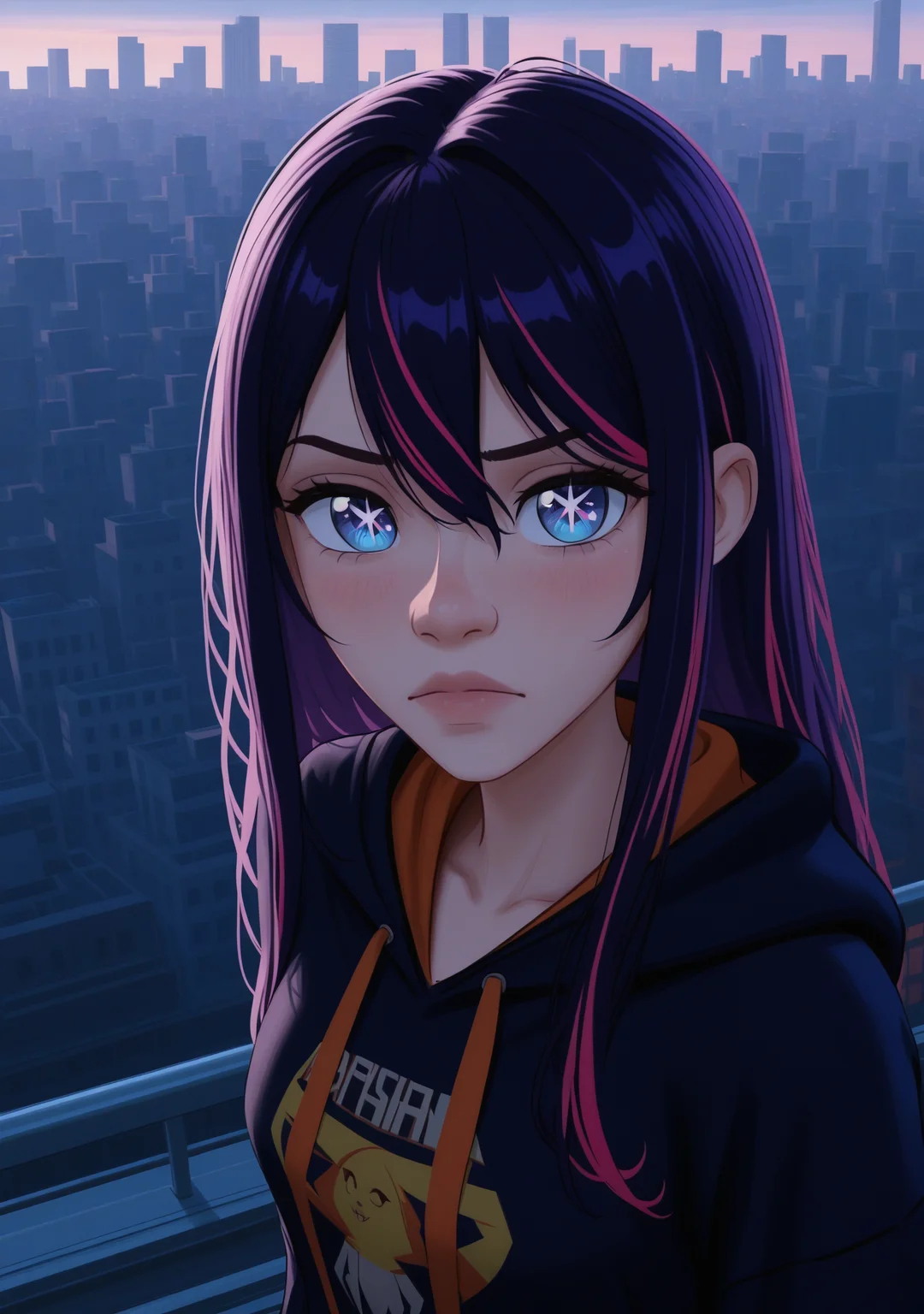 1girl,<lora:spdmatsvsty:1>,spdmatsvsty,hoshino ai,cityscape,from above,upper body,looking at viewer,