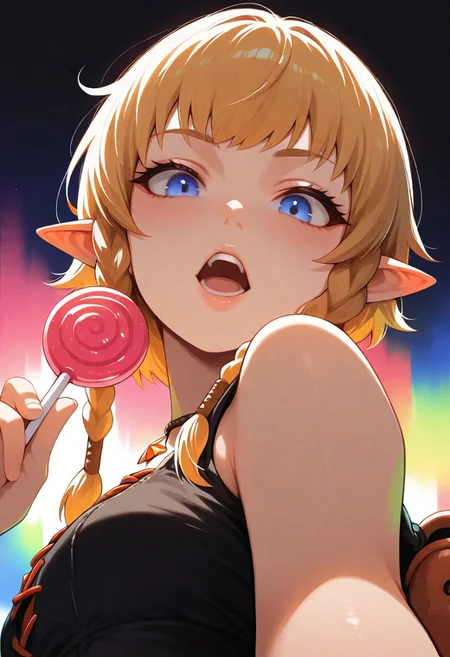 1femboy, Linkle, teeth, lips, thin lips, solo, looking at viewer, open mouth, holding lollipop, chupa chups, upper body, from below, back lighting, dark, multicolored background, masterpiece, best quality, very aesthetic