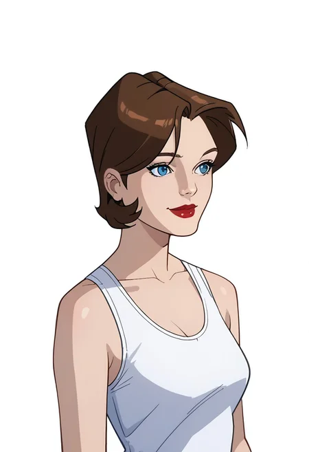score_8, score_8_up, score_7_up, 1girl, female focus, solo, source_cartoon, spectacular spider-man, Mayday_MC2, blue eyes, brown hair, asymmetrical hair, bob cut, lipstick, portrait, (from side:0.75), smile, closed mouth, tanktop, white tanktop, simple background, white background