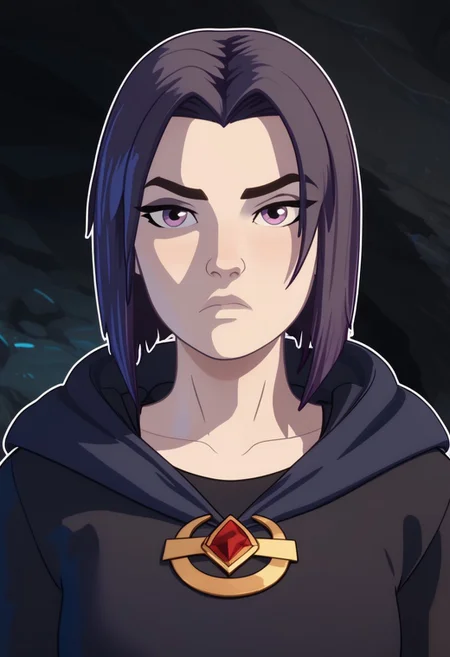Score_9, Score_8, Score_7, TDPStyle, Raven from DC, Bust Shot, Looking at Viewer, Bored, Cave Background