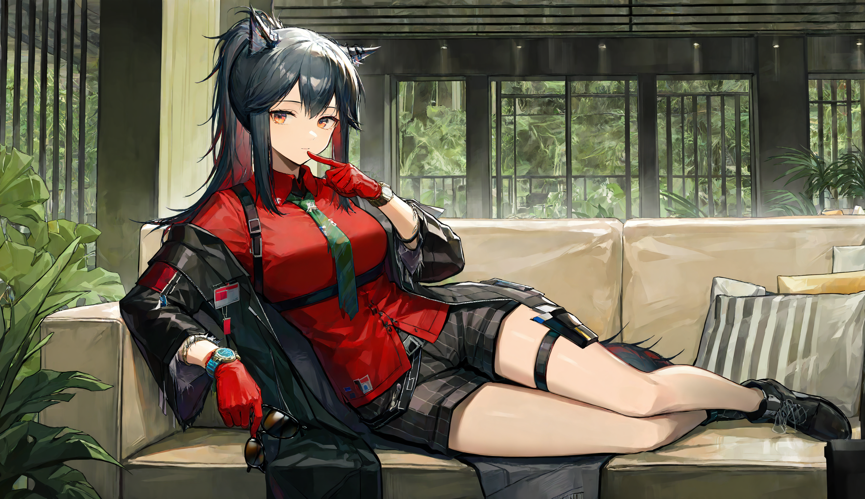 masterpiece,best quality,amazing quality,very aesthetic,absurdres,newest,scenery,
indoors,couch,on side,finger_to_mouth,
1girl,texas \(arknights\),long hair,black hair,wolf ears,ponytail,
solo,official alternate costume,looking at viewer,
red shirt,red gloves,watch,red eyes,thigh strap,holding eyewear,black coat,striped shorts,open coat,jacket,black shorts,collared shirt,green necktie,striped,
masterpiece,best quality,amazing quality,very aesthetic,absurdres,newest,scenery,
<lora:ãILLãå¹»è±¡é»å coneyrivard èªç¼:0.9>,