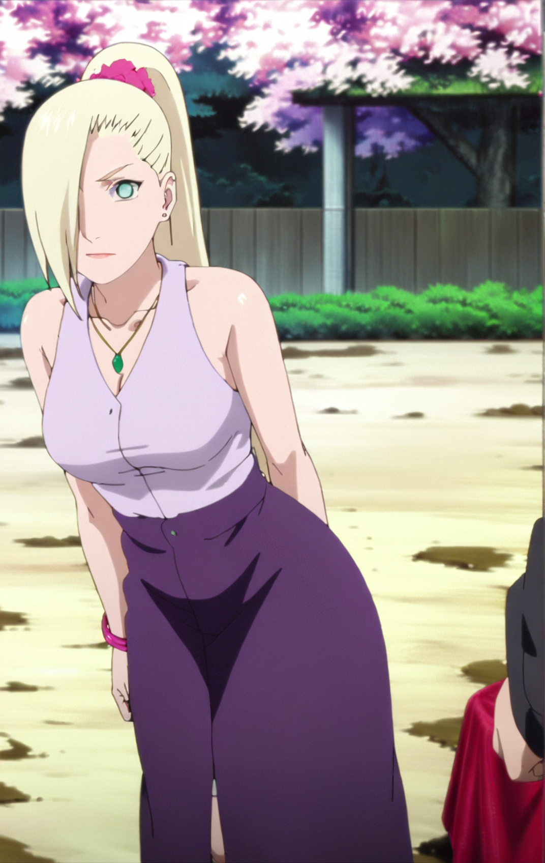 (masterpiece, best quality:1.1), 8k, hdr, high resolution, A highly detailed, extremely high quality artwork of  ino yamanaka, woman, 25 y.o., ponytail, hair flower, purple bracelet, emerald necklace, pink shirt, long skirt, purple apron skirt, shirt tucked in, standing, looking at viewer, candid shot, looking at viewer, in style of Masashi Kishimoto (anime coloring, anime screencap, Naruto anime style), outdoors, flower garder in background, <lora:Ino_Yamanaka_sdxl_v1:1>,