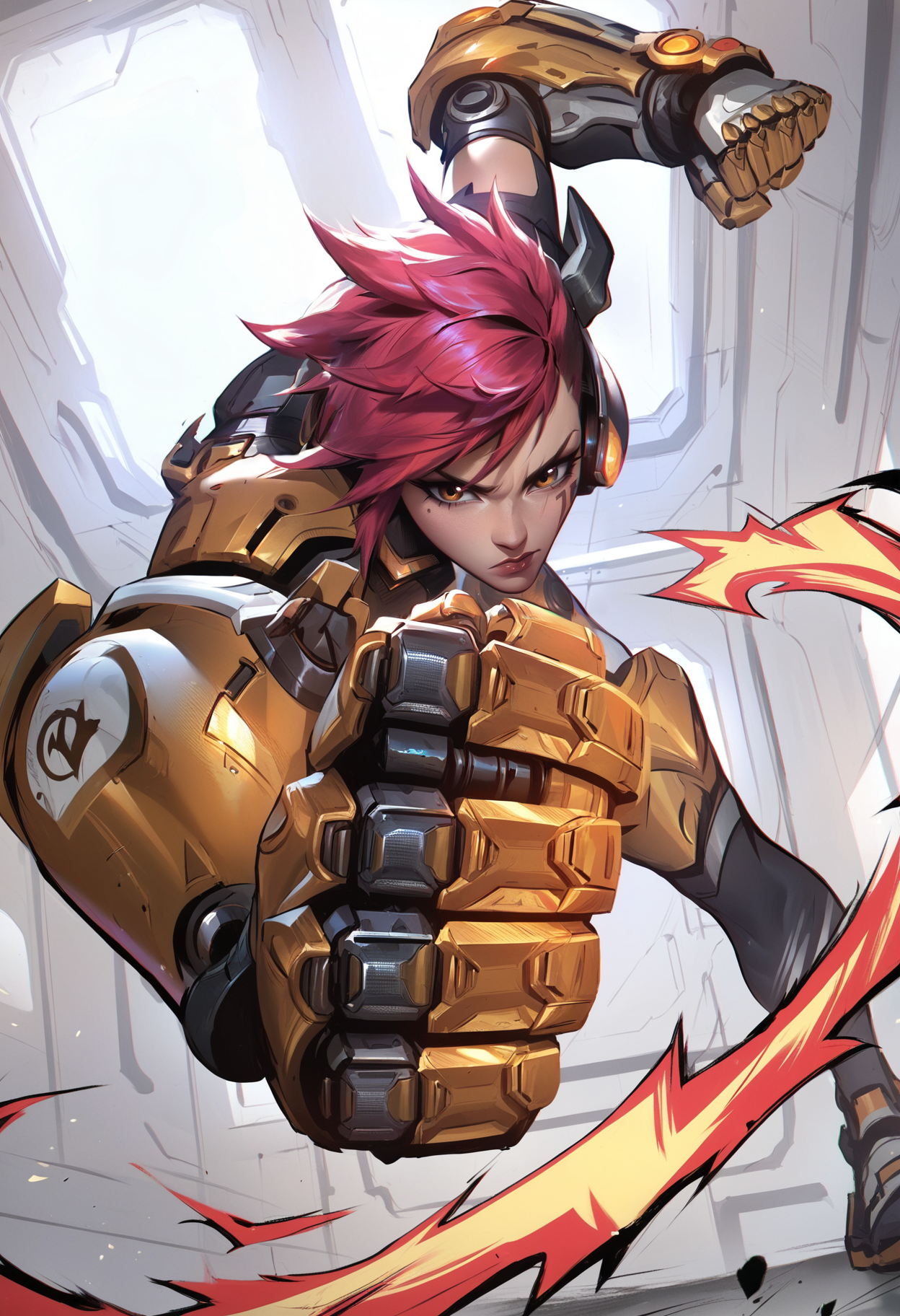 l0lspl4sh, source_anime, score_9, score_8_up, score_7_up, year2023, year2024, Vi, SKT T1 Vi, World Championship, Pan Chengwei, West Studio, 1girl, vi \(league of legends\), rating_safe, red and white theme, golden gauntlets, goggles on head, punching, serious, oversized gauntlets, foreshortening, perspective, red hair, incoming punch, punching viewer, clenched hand, mechanical hands, <lora:L0LSPL4SH_40epochs:1>