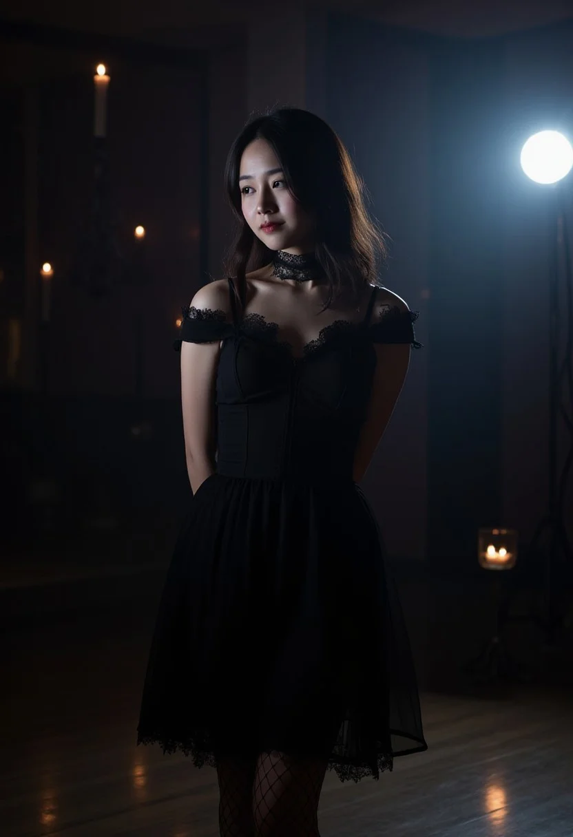 A close up image of a Japanese young woman wearing a gothic style dress with fishnet stockings, and a black lace choker, in a dark gothic style ballroom illuminated by one spotlight, dim candles float around, hands behind her back in a flirtatious pose with a soft subtle shy smile, in motion, low lighting, eerie atmosphere, aidmaMJ6.1