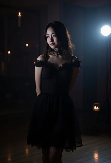 A close up image of a Japanese young woman wearing a gothic style dress with fishnet stockings, and a black lace choker, in a dark gothic style ballroom illuminated by one spotlight, dim candles float around, hands behind her back in a flirtatious pose with a soft subtle shy smile, in motion, low lighting, eerie atmosphere, aidmaMJ6.1