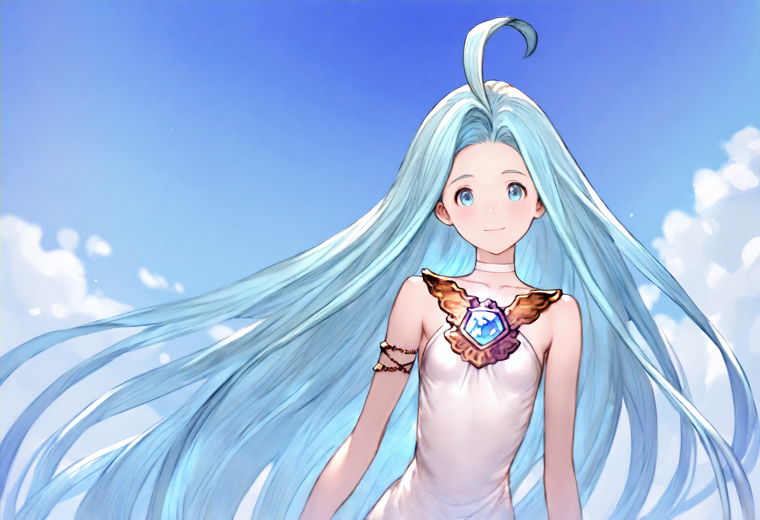 masterpiece, best quality, very aesthetic, absurdres, highly detailed, kyoto animation,
1girl, solo, blue sky, looking at viewer, light smile,
lyria \(granblue fantasy\), very long hair, blue hair, ahoge, skinny, small breasts, <lora:Lyria_Granblue_Fantasy_Illustrious-XL:1>