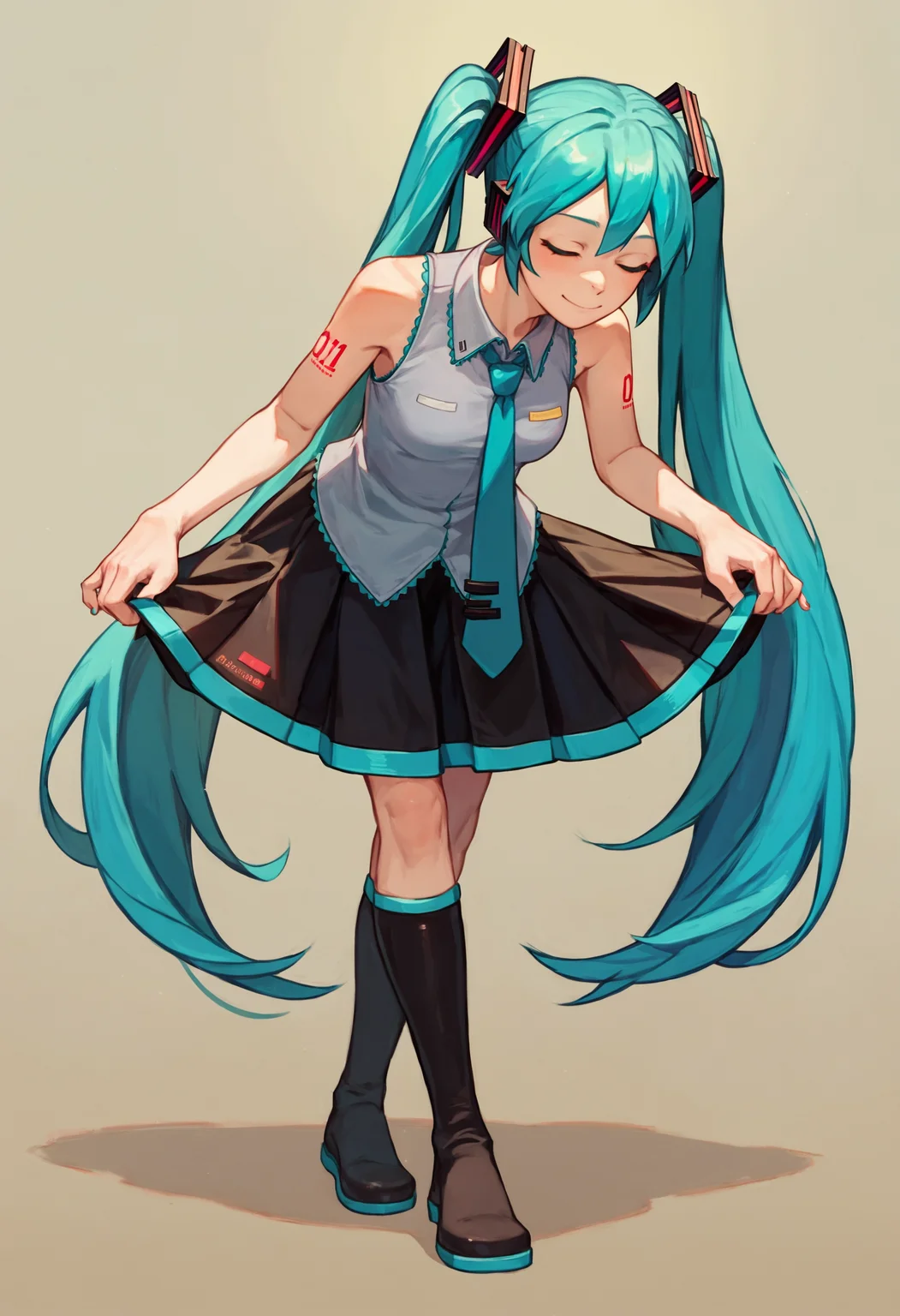 score_9_up score_8_up score_7_up, 1girl, skirt hold bowing, hatsune miku, crossed legs, leaning forward, light smile, simple background, closed eyes
<lora:skirt_hold_bowing_d16:1>