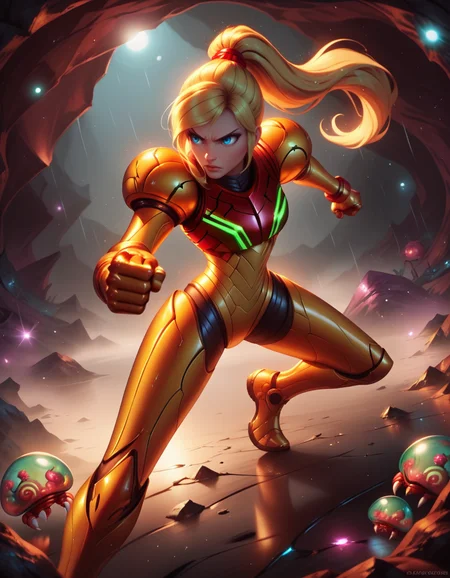 score_9, score_8_up, score_7_up,score_6_up, score_5_up, score_4_up ,1girl, solo, 
SamusDGarmor,
powersuit,   glowing,
blonde hair, long hair, blue eyes, ponytail, 
 science fiction, rain, metroid \(creature\), galaxy, cave, night, dim lighting, 
clenched hands, 
eyes,
fog, 
fighting stance, battle, damaged, 
 <lora:Samus DALL E 3  PonyXL-000003:1>