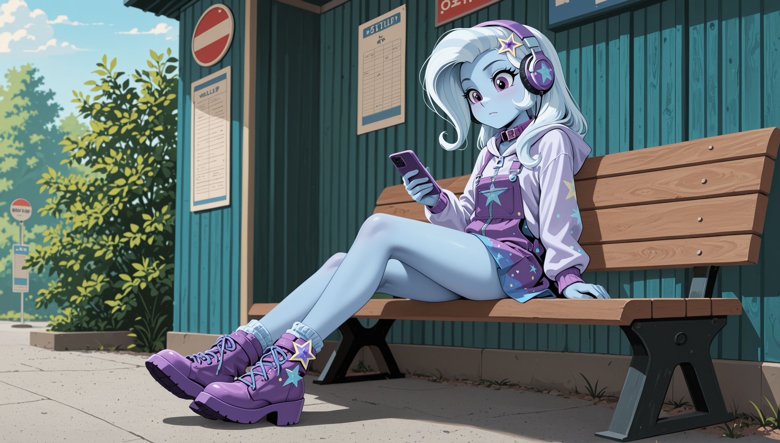 resolution,masterpiece,high resolution, Equestria Girls,resolution,(solo:1.2) masterpiece,high resolution,solo,wild,,woman,bus stop, sitting on a bench, headphones, looking at a smartphone, Trixie human, purple eyes, long, voluminous hair, light silver-white with white and light purple streaks. Light, almost pastel blue skin. Overall, her build is slim and proportional.
close-up
She wears a light blue hooded jacket with a zipper and purple accents around the sleeves and collar. Underneath, she wears a light purple short skirt with a pattern of a moon and stars. On her feet, she wears tall light blue boots with purple trim around the ankles. There are no visible jewelry or accessories. <lora:Trixie:1>