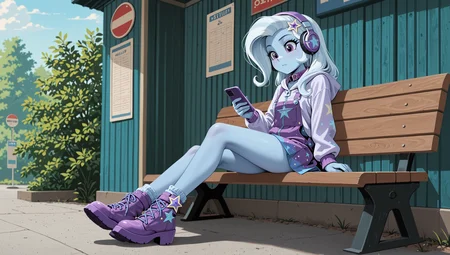 resolution,masterpiece,high resolution, Equestria Girls,resolution,(solo:1.2) masterpiece,high resolution,solo,wild,,woman,bus stop, sitting on a bench, headphones, looking at a smartphone, Trixie human, purple eyes, long, voluminous hair, light silver-white with white and light purple streaks. Light, almost pastel blue skin. Overall, her build is slim and proportional.
close-up
She wears a light blue hooded jacket with a zipper and purple accents around the sleeves and collar. Underneath, she wears a light purple short skirt with a pattern of a moon and stars. On her feet, she wears tall light blue boots with purple trim around the ankles. There are no visible jewelry or accessories. <lora:Trixie:1>