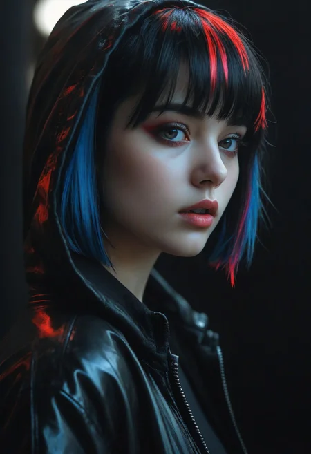 (Soft Lighting Photography by Mimoza Veliu and Mario Giacomelli:1.2), side soft light, Dark environment, black over black, highly detailed,  masterful painting in the style of Anders Zorn and  Aleksi Briclot, oil on canvas, BadDream, , epiCPhoto,
score_9, score_8_up,score_7_up,(score_9:1.2), (score_8_up:1.2), (score_7_up:1.2),(((masterpiece))), (((best quality))), ((ultra-detailed)), ((an extremely delicate and beautiful)), (illustration), (detailed light), (8k), ((beautiful black eyes)), 1girl, gothic punk girl, solo, bandaid, black hair, white background, jacket, bangs, red eyes, hood, bob cut, colored inner hair, short hair, multicolored hair, sing a song, (((evening))), (((night))), New York, (neon), more prism, vibrant color, blue neon,