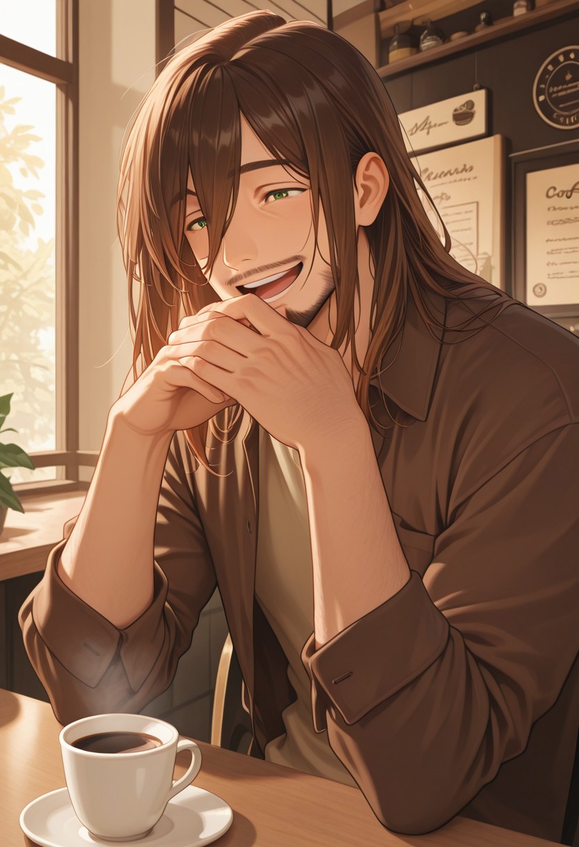 1boy, mbti_infp, mature man, long brown hair, green eyes, at coffee shop, talking to friend, laughing, warm light, relaxed, friendly, charming, aesthetic, detailed background, highres, masterpiece, best quality