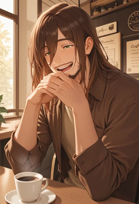 1boy, mbti_infp, mature man, long brown hair, green eyes, at coffee shop, talking to friend, laughing, warm light, relaxed, friendly, charming, aesthetic, detailed background, highres, masterpiece, best quality