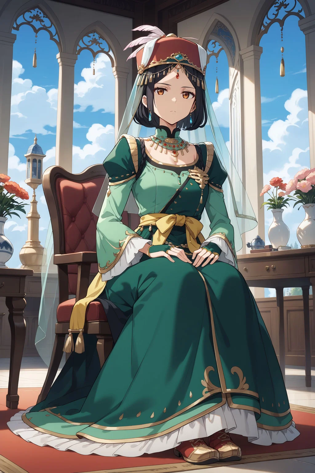score_max, (score_9, score_8_up, score_7_up:1.0), score_6_up, official art,
, masterpiece, absurdres, high detail, 8k,
western house, behind window, chair, chest, flower vase, blue sky, cloud,
sitting, hands on own thigh, expressionless,
dolma, black hair, forehead jewel, national costume, jewelry, hat, hat feather, emblem, yellow sash, veil, green dress, layered dress, long sleeves, long skirt, boots, fingerless gloves
<lora:XL_Pony_anime-lupin5-dolma-t1:1.0>