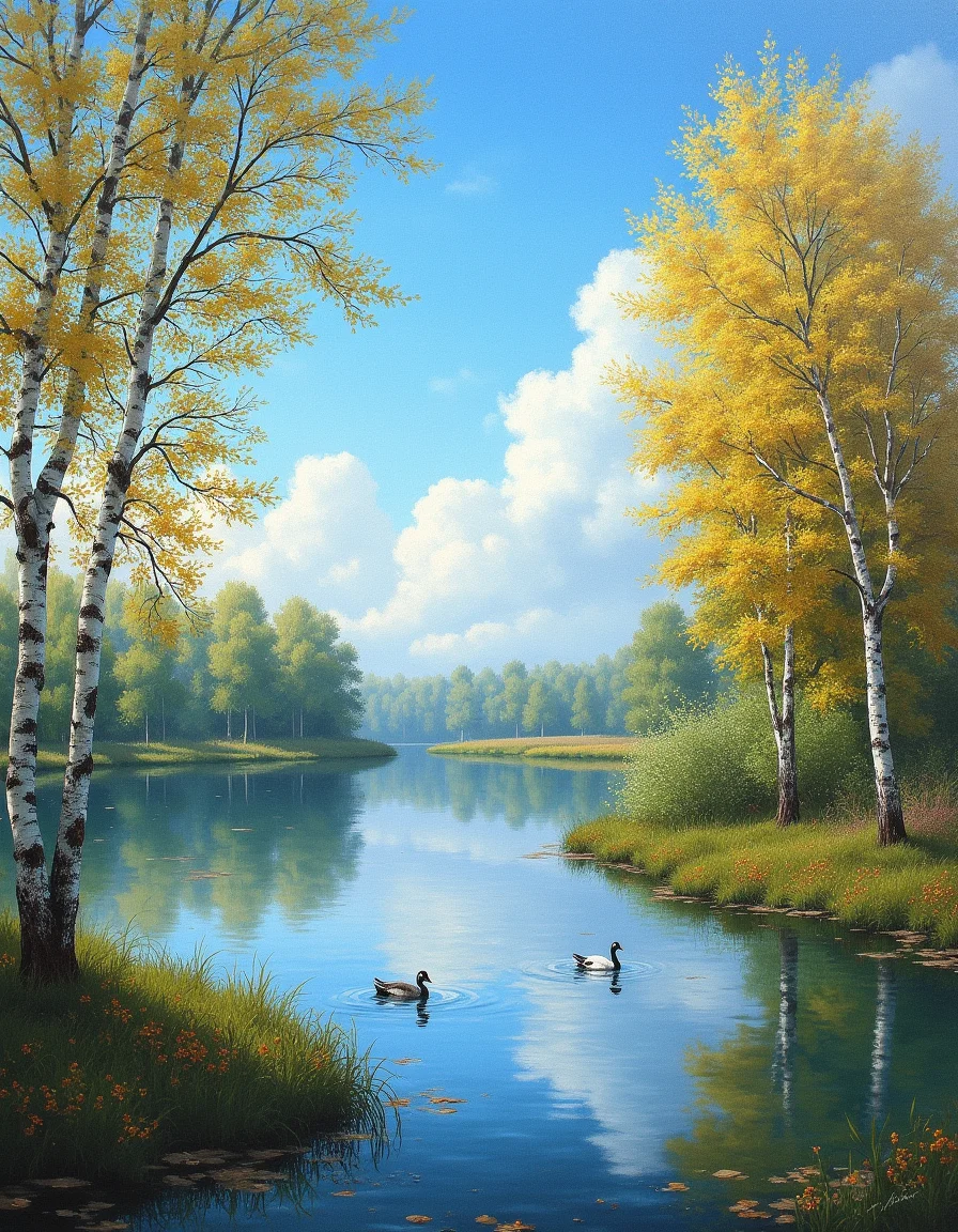 <lora:Claude_Monet_Flux-GMR:1> cmca
gorgeous scenic painting of a Russian spring, birch trees, lake with geese, blue sky and clouds,