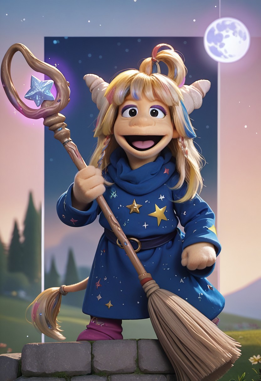 1girl, score_9, score_8_up, score_7_up BREAK Eureekaa, 1girl, blonde hair, multicolor hair streaks, ponytail, horns, black eyes, purple eyeshadow, long blue starry robe, blue star boots, smiling at viewer, full body, riding broom, magical sky outdoors, magic night background, magical broom, glittery moon staff, magic glitter powers,