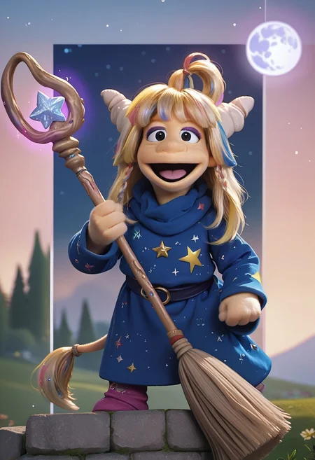 1girl, score_9, score_8_up, score_7_up BREAK Eureekaa, 1girl, blonde hair, multicolor hair streaks, ponytail, horns, black eyes, purple eyeshadow, long blue starry robe, blue star boots, smiling at viewer, full body, riding broom, magical sky outdoors, magic night background, magical broom, glittery moon staff, magic glitter powers,