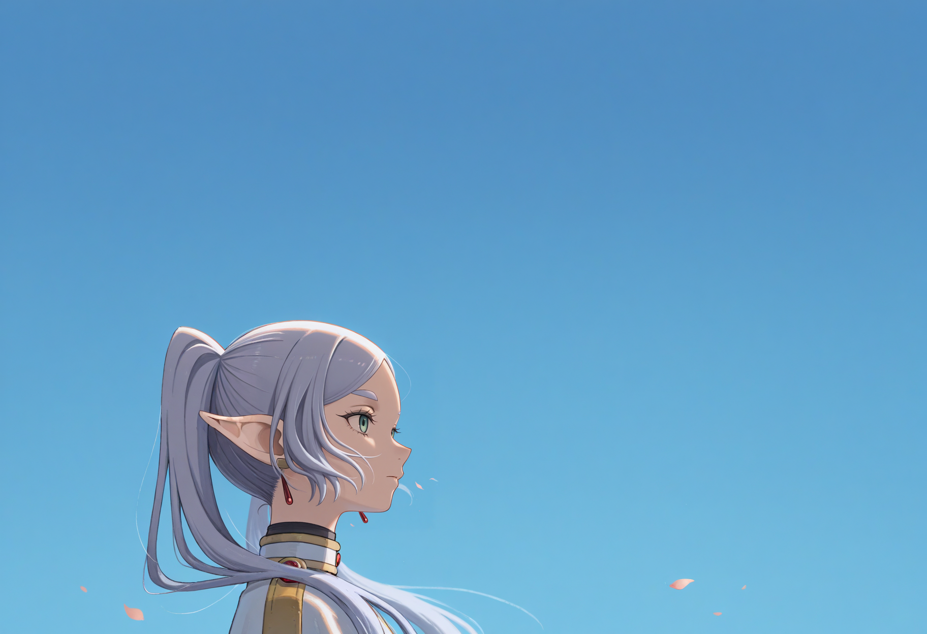 masterpiece, best quality, incredibly absurdres, highres, 1girl, from side, expressionless, looking ahead, profile, blue sky, (falling petals:1.4), upper body, frieren, sousou no frieren,
, negative space,   <lora:negative-space-merged-3:1>