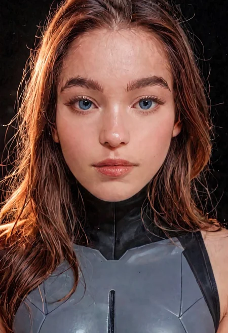 score_9, Raw Photo, (left three-quarter angle:1.3), 4ng3l face, warm blue eyes, gentle hopeful expression, tousled brown hair framing face:1.1, soft eyebrow arch, high cheekbones, slight warm smile:1.2, tender expression, flawless skin catching light:1.2, perfect face harmony:1.2, ultra sharp facial details:1.4, sleek high-tech bodysuit, soft lighting:1.3, cinematic color grading, sharp details:1.4, realistic skin texture:1.4, super detailed, photo realistic, masterpiece