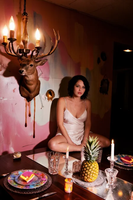 <lora:concept_photography_v3(neon_darkness):1> Behind her a taxidermy deer hangs crooked on a pastel wall beneath a leaking chandelier. One bare leg is propped on a shattered mirror tile. The table is set for a birthday party no one came to with melting neon candles antique crystal glassware and a pineapple centerpiece glowing under moody overhead fluorescents. Off-center framing 2000s editorial lighting harsh shadows flash photography aesthetic unsettling suburban glamour cinematic depth. ohwx woman sits alone in a dimly lit banquet hall wearing a vintage white slip dress stained with paint.