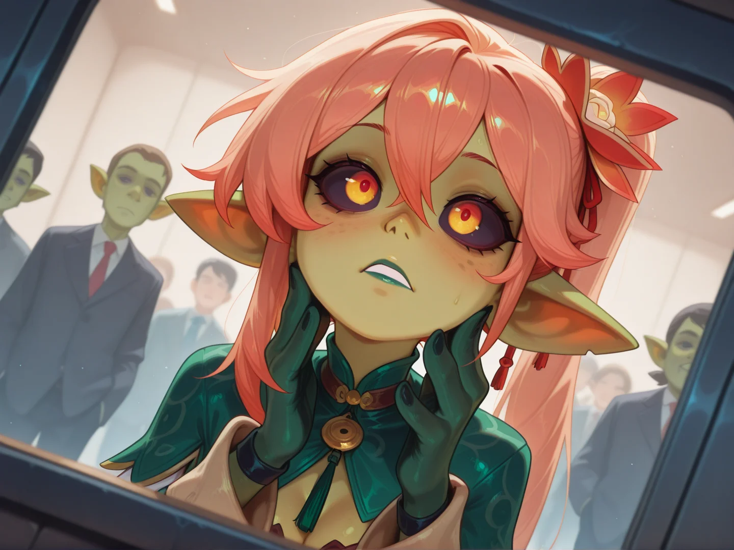 1girl, Guinaifen, Honkai: Star Rail
riding public transit and making up stories about strangers,
<lora:Darkfire_Deep_Gobbo:1> d33pgobbo, goblin girl, green skin, black sclera,