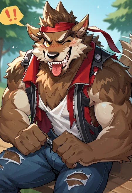 (male:1.2), solo, furry, anthro, canine, (muscular:0.3), bara, shirtless, brown fur, yellow eyes, tank top, blush, smiling, happy, looking_at_viewer, score_7_up, score_8_up, score_9, by nomifuk, cute:1.2, sitting, tailwag, wink, grin, tongue_out, <lora:Dire_Fortnite:1>, dire, fortnite, werewolf