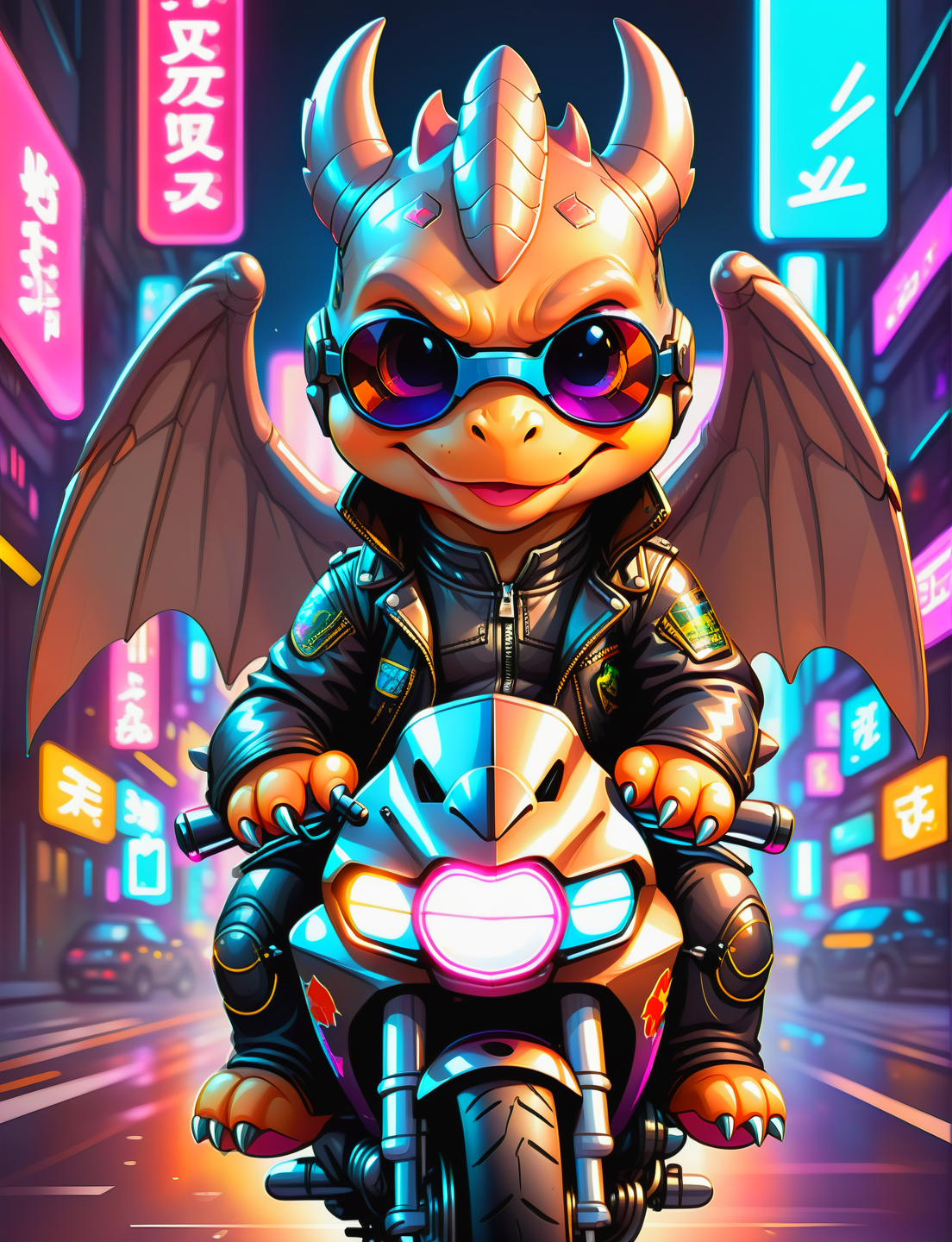 <lora:SDXLCutePets:1> cutepets, an adorable super cute kawaii cyborg Charizard, symmetrical wings, cyberpunk, wearing sunglasses, leather jacket, riding a motorcycle,  high quality, digital art illustration, neon city background