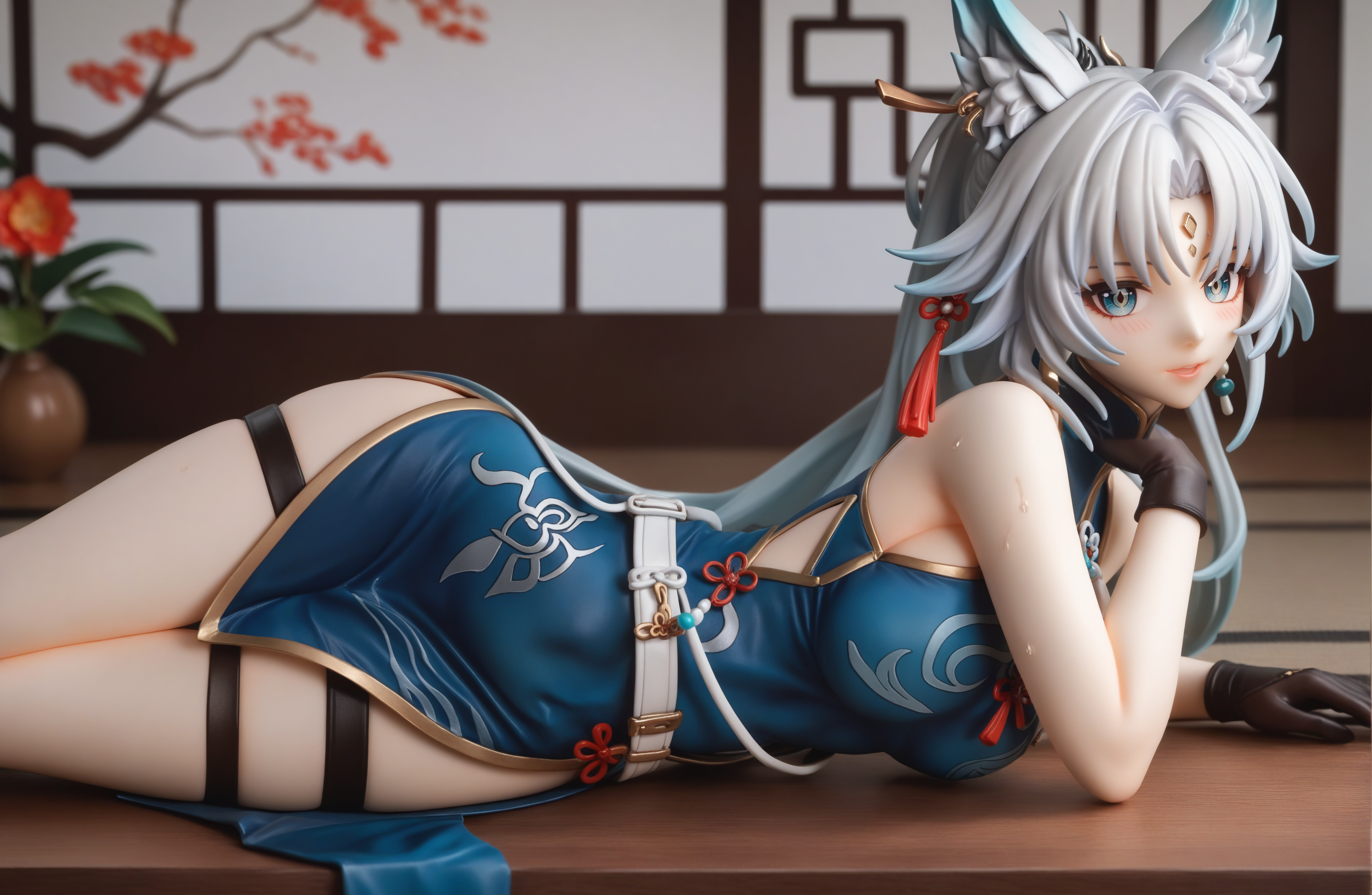 score_9,score_8_up,score_7_up,source_anime,photo background,the real background,
forehead_mark,medium_breasts,black_gloves,belt,feixiao_(honkai:_star_rail),1girl,looking_at_viewer,fox_girl,sleeveless,parted_lips,blue_dress,covered_navel,earrings,china_dress,bare_shoulders,animal_ear_fluff,blush,coat,open_clothes,sweat,solo,large_breasts,,shushing,<lora:feixiao:0.9>