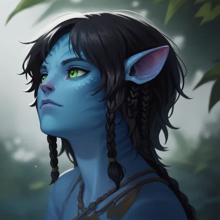 score_9_up, score_8_up, BREAK, 1girl, solo, Kiri, black hair, short hair, braid, green eyes, pointy ears, colored skin, blue skin, upper body, <lora:Kiri_Avatar_JC_PXL_Leaf1:1>, depth of field,