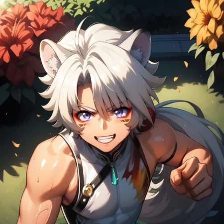 score_9, score_8_up, score_7_up, score_6_up, masterpiece, uncensored, best quality, amazing quality, best aesthetic, absurdres, intricate details, source_anime, yaoi, gay, full body BREAK 1boy(lingyang, white hair, low ponytail, purple eyes, red eyeliner, facial mark, animal ears), fighting stance, excited, smile, looking at viewer BREAK garden, st3rl5ghtbr9m2nce, morning, outdoors