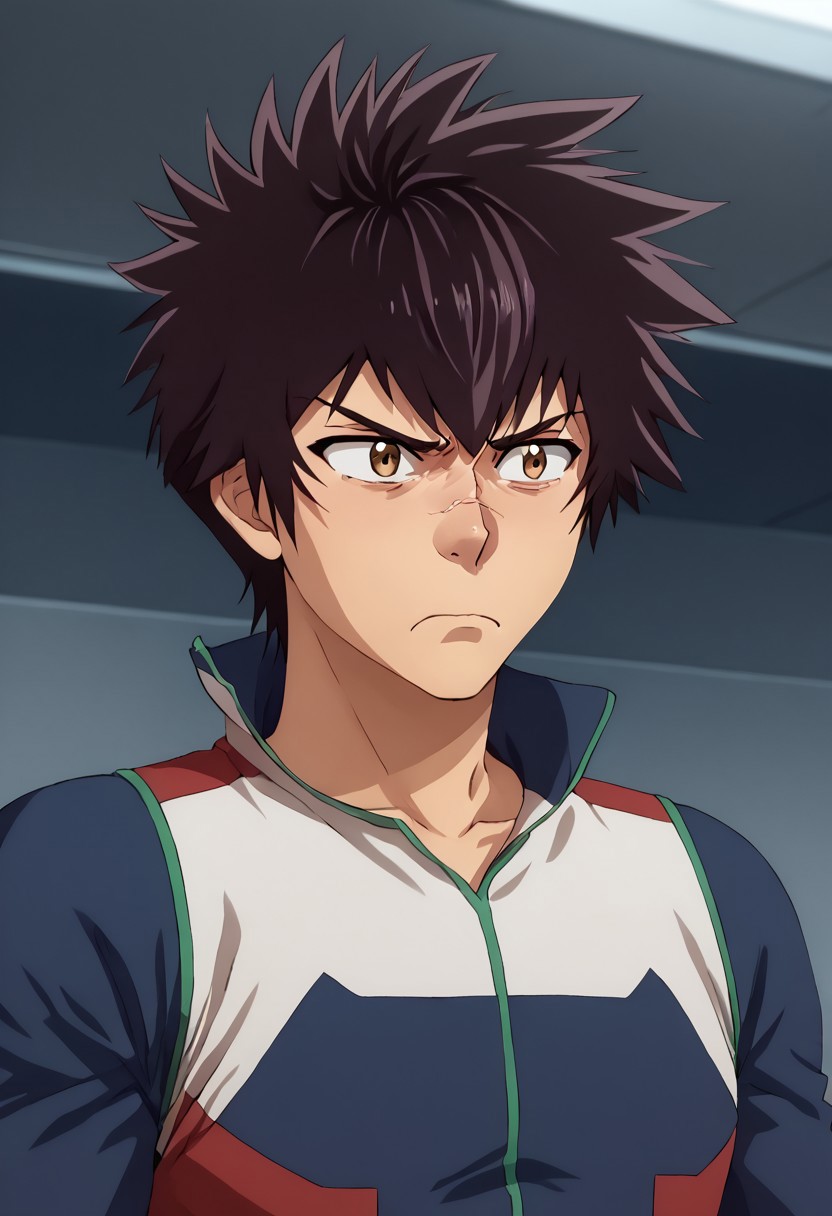 high resolution, solo, best quality, 1Boy, Kanata Hoshijima, Black hair, Brown Eyes, Disgust, wrinkled nose, turned away, repulsion,