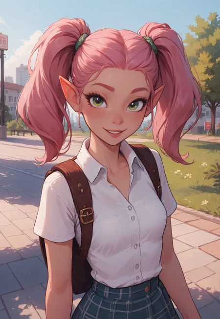 safe_pos, safe_pos, score_9, score_8_up, score_8, upper body, 1girl, solo, sexy elf woman, perfect face, thick eyeliner, small breasts, long pink hair, twintails, green eyes, perfect detailed face, short sleeve white collared shirt, short plaid skirt, backpack, outdoors, skipping on sidewalk, university, looking at viewer, sweet smile, dynamic pose, closeup