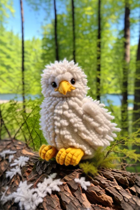 BJ_Sewing_doll,eagle,solo,sitting,outdoors,day,blurry,black_eyes,tree,pokemon_\(creature\),no_humans,depth_of_field,blurry_background,grass,plant,stairs,animal_focus,photo,8k,highly detailed,digital photography,hdr,realistic,high definition,<lora:SDXL_Sewing_dol_v2:1>,