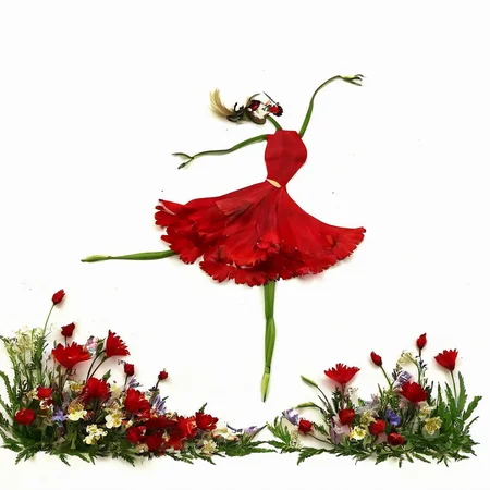<lora:SDXL_fall_leaf_craft_Sa_May:1> fall leaf craft, a woman dancing in red dress made from flowers