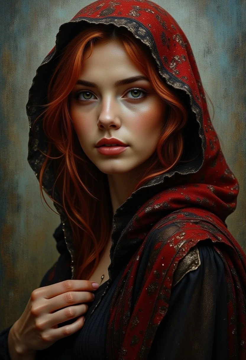 Beauty, realism, cinematography, chiaroscuro, rays of light, play of shadow and light, cinematic quality, drawing with dry chalk, Pastel, Cinematic style,
a painting of a woman in a black dress, award-winning fantasy art, red hoods, beautiful redhead woman, by Hamish MacDonald, covered sfw huge breasts, 2021 award winning painting, black and terracotta, blonde girl in a cosmic dress, beautiful female assassin, melancholic expression, mystique