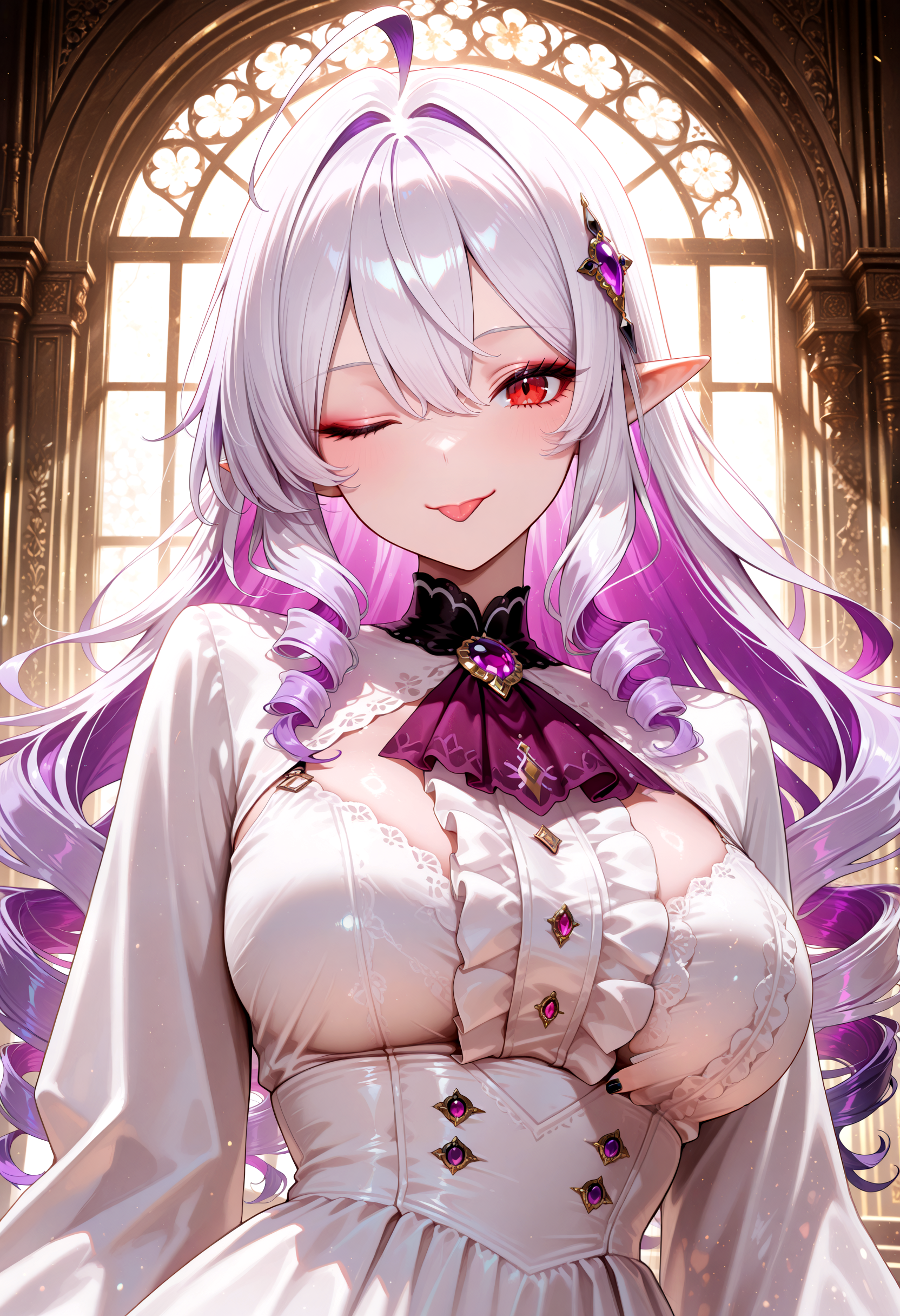 lazypos, 1girl, , ahoge, ascot, black nails, center frills, closed mouth, dress, drill hair, frills, gem, breasts, long hair, long sleeves, looking at viewer, multicolored hair, pointy ears, purple ascot, purple gemstone, purple hair, red eyes, shrug \(clothing\), solo, white dress, white hair, white shrug, smile, solo, tongue, tongue out, one eye closed, upper body, backlighting, outline