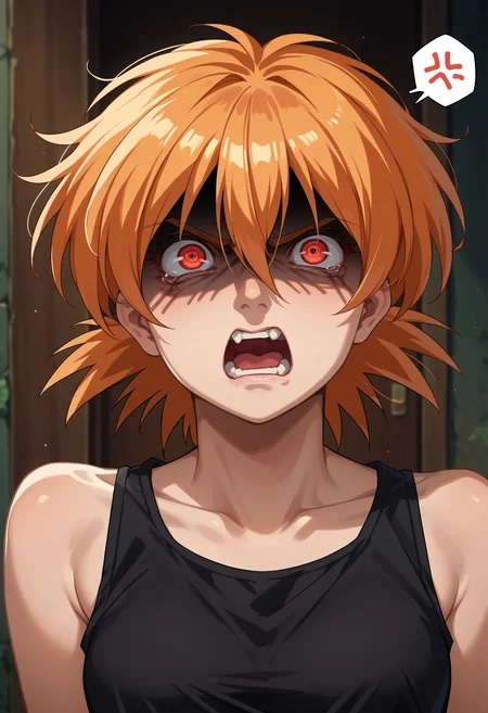 score_9, score_8_up,score_7_up, source_anime, 1girl, solo, <lora:EPhsSeras:1>,
orange hair, short hair, red eyes, hair between eyes,
SerVic, black tank top,
portrait, shaded face, angry, screaming, anger vein, spoken anger vein,