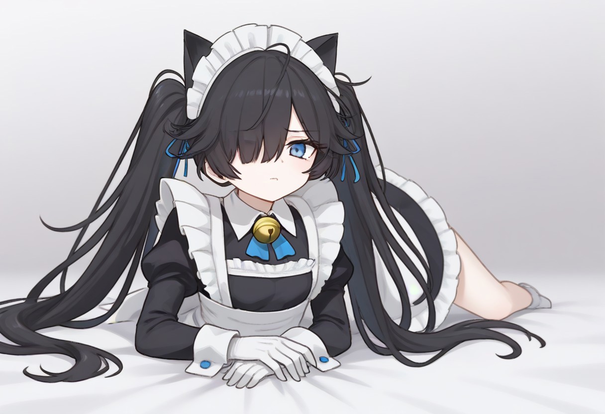 (Maid-kasli), solo, white gloves, dress, hair over one eye, maid apron, blue eyes, twintails, cat ears, maid headdress, maid, gloves, 1girl, apron, juliet sleeves, long sleeves, long hair, black hair, animal ears, bell,(Fall down),