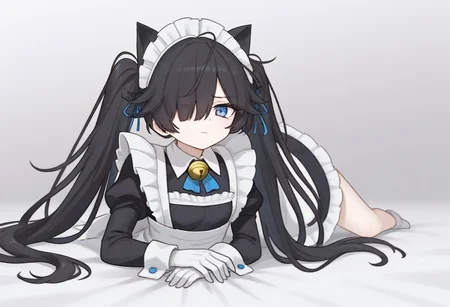 (Maid-kasli), solo, white gloves, dress, hair over one eye, maid apron, blue eyes, twintails, cat ears, maid headdress, maid, gloves, 1girl, apron, juliet sleeves, long sleeves, long hair, black hair, animal ears, bell,(Fall down),