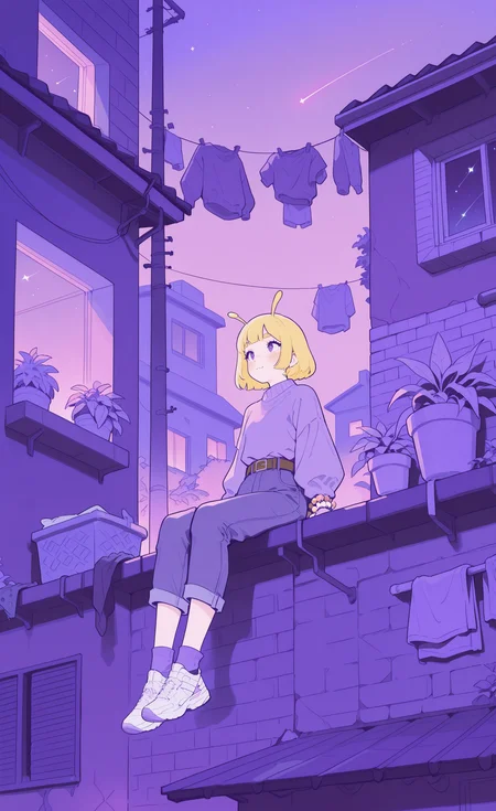 masterpiece, best quality, good quality, very awa, very aesthetic, absurdres, newest, 1other, antennae, arms at sides, bead bracelet, beads, belt, blonde hair, bob cut, bracelet, brick wall, brown belt, building, capri pants, clothesline, denim, flat color, foot dangle, freckles, hanging plant, jeans, jewelry, laundry, light blush, limited palette, long sleeves, night, night sky, on roof, on wall, other focus, outdoors, pants, plant, potted plant, puffy long sleeves, puffy sleeves, purple sky, purple sweater, purple theme, rooftop, scenery, shoes, shooting star, short hair, sitting, sky, socks, solo, star (sky), starry sky, sweater, sweater tucked in, thick eyebrows, happy, unworn clothes, utility pole, white footwear, wide shot, window shutter, wire <lora:ponyv6Noobe112Adamw.9Eti:0.8> <lora:MeMaXL4:0.3> <lora:Lofi_style:0.7>