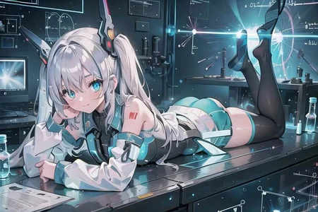 (masterpiece), (science fiction:1.4), 1girl, lying on the back on a mirror, lying on the back on a mirror, lying on the back on a mirror, smile, silver hair, aqua eyes, headgear, long sleeves, detached sleeves, glowing energy clothing, light particles, energy particles, perfect hands, perfect legs