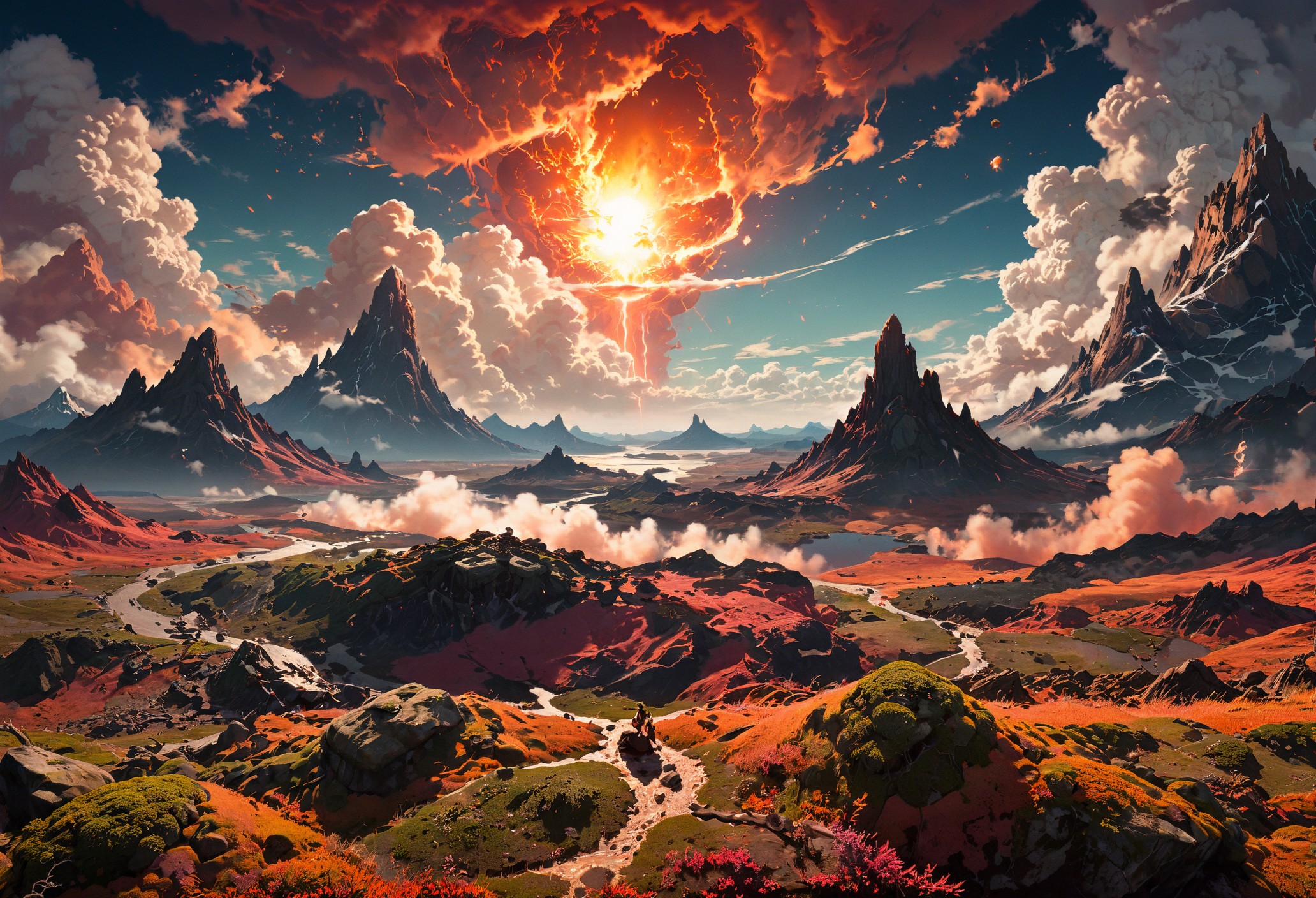 <lora:sdxl\add-detail-xl> <lora:sdxl\xl_more_art-full_v1> anaglyph filter, Animecore, Fearful, Vaporwave, Monochrome, a world filled with swirling clouds and glowing orbs of color explodes in the distance, causing a menacing sight to behold. The sky is painted in shades of orange and red, and the ground beneath it is covered in moss and dust. In the center of the scene, a group of ominous creatures huddle together, their eyes closed as they watch over the landscape. It's a surreal scene, yet one that seems almost otherworldly, but somehow manages to create an imaginary atmosphere. Offset print, Dota style, Warm Colors, Lonely, Colorless, dynamic composition, soft light