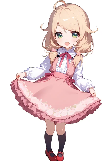 1girl,
yusa kozue,
ahoge, blush, flat chest, skirt hold, frills, medium hair, shoes, neck ribbon, mary janes, flower, low twintails, smile, :d, white background, socks, long sleeves, solo, frilled shirt collar, simple background, pink dress, hair flower, blonde hair, standing, kneehighs, pink flower, red footwear, twintails, frilled dress, hair ornament, green eyes, pink ribbon, looking at viewer, open mouth, pigeon-toed, ribbon, dress, full body,
sfw
<lora:a31_char_new_yusa_kozue-000010:1> <lora:a31_style_koni-000010:0.8>