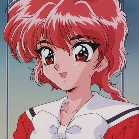 1girl ,solo, full body, red eyes, short hair, braid, single braid, red hair bow, school uniform, white bow sailor collar, pleatered skirt, red socks, kneehighs, breast plate, shoulder armor, fingerless glove, jewelry, knee boots, 1990s (style), retro artstyle, official style,
close up, smile, open mouth,