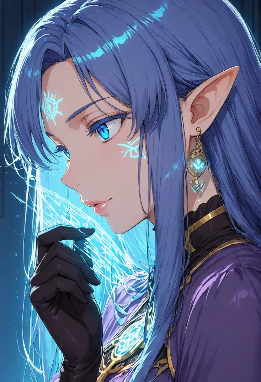 1girl, Medea \(fate\),, adult woman, earrings, masterpiece, purple dress, hand up, black gloves, blue hair, long hair, pointy ears, luscious lips, lip gloss, portrait, colored eyelashes, backlighting, blue eyes, goddess, glossy skin, ,hires,best quality, very aesthetic,absurdres,score_9, score_8_up, score_7_up, score_6_up, score_5_up, score_4_up, (hyper extreme detailed), (hyper quality), game CG, (colour:1.2),(from side:0.7),yazlobamarks,body markings,glowing, <lora:v1_glown_marks_yazloba:1>